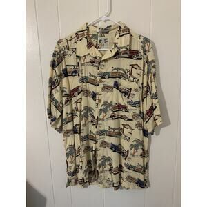 Hawaiian Shirt Tiki Aloha Hawaii Classic Cars Surfboards Palm Trees XL Vintage